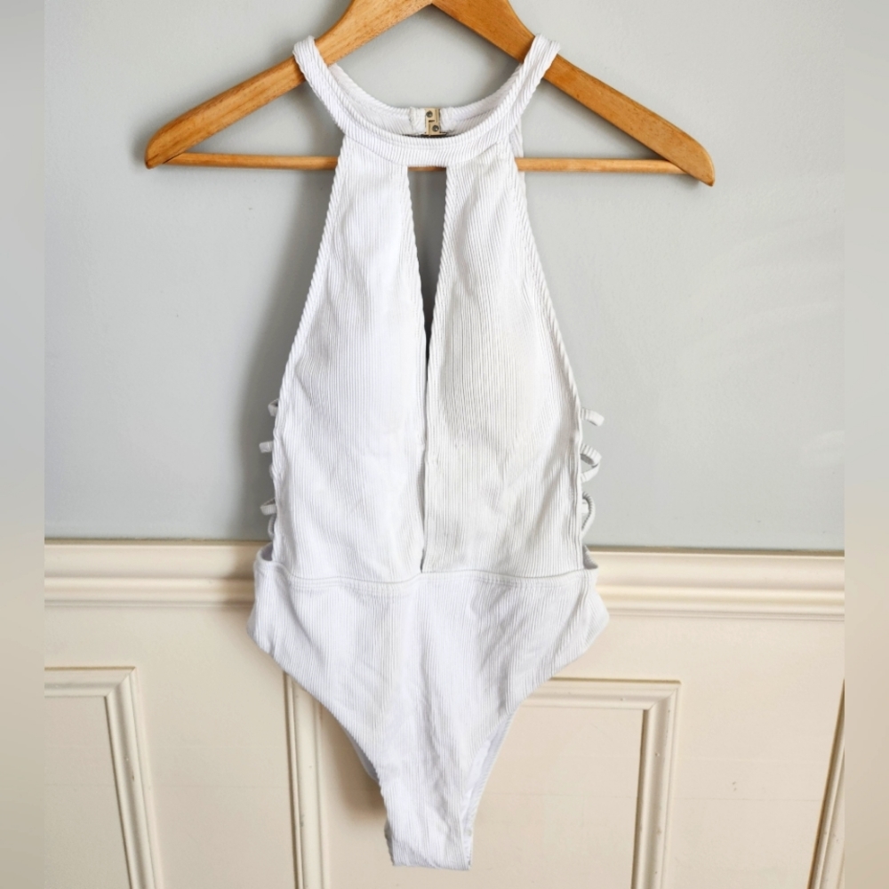 White Ribbed Envya Pludge neckline One Piece Swimsuit